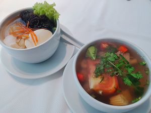 beancurd soup and clear tom yam soup at Thanying Restaurant - Amara Hotel in Central Singapore