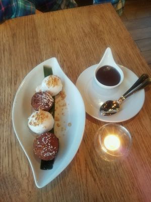 Fried banana with coconut ice cream and chocolate drizzle  at Green Elephant Vegetarian Bistro & Bar in Portsmouth
