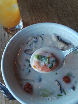 Fragrant Coconut Soup with Tofu and Mushrooms. Creamy, flavorful, full of crisp veggies.  at Green Elephant Vegetarian Bistro & Bar in Portsmouth