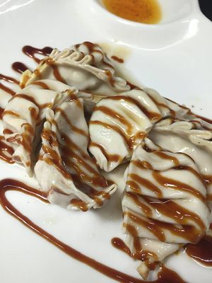 vegan dumpling 
pumpkin, shitake mushroom, coriander ,  at Monggo Restaurant in Mount Lawley