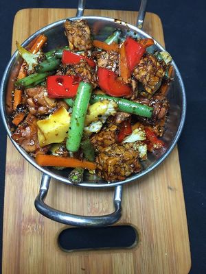 tempe medan
indonesian soy bean cake, cook with lemongrass and glazed with ketjap manis. traditional indonesian food at Monggo Restaurant in Mount Lawley