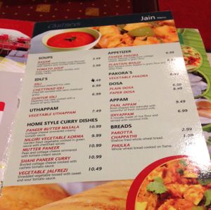 Jain menu  at Chutneys in Jersey City