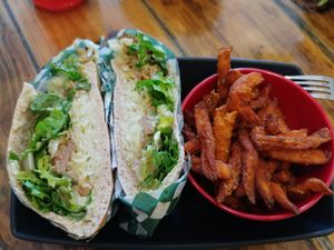 Jackfruit Shwarma with sweet potato fries at Panthere Verte - Queen Mary in Montreal