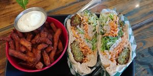 Falafel Fusion with Sweet Potato Fries and mayo at Panthere Verte - Queen Mary in Montreal