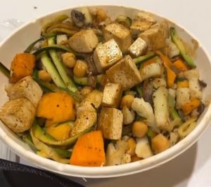 Build a bowl with chickpeas, sweet potatoes, tofu, zucchini noodles,  and mushrooms.  at SoFresh - Fowler Ave in Tampa