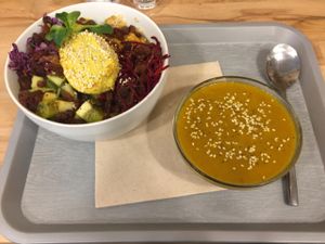 The soup and Raw bowl.  at Le Veganovore in Paris