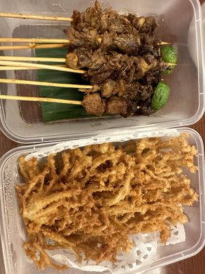 Fried Enoki mushrooms (so good!) and vegan meat/mushroom on a stick   at Bite n Chat in Jakarta