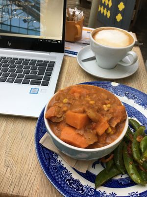Veggie stew w/ side salad & soya latte at Oak Street Cafe in Manchester