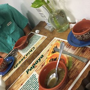 lentil soup, informative place mats, quaint and local charm and good vibes! at Green Food Service in Oranjestad