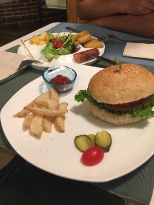 whole wheat burger + variety platter (also comes with 2 chuar skewers) at Cloud Kitchen in Beijing