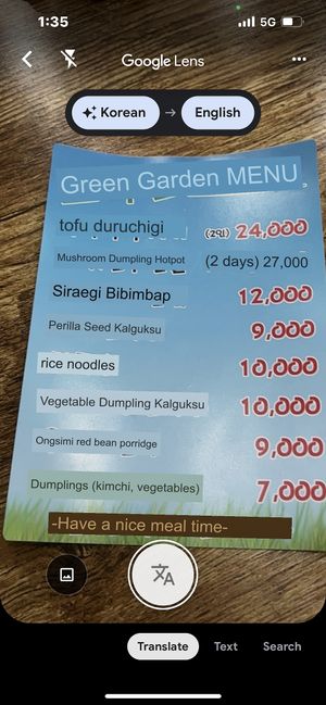A google lens translation of the menu card when I was there (not sure if it changes). The translation says “2 days” for the first two items but it means for 2 people.   at Chorokddeul Green Field - 초록뜰식당 in Seoul