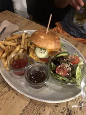 Chili “cheese” burger with tips and side (~20€)  at Pura in Breitbrunn Am Chiemsee