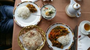  lunch from 11:30 am to 2 pm: Methi Tschaman (vegan vegetable curry for 8,90€) and Kerala Vegi Stew (vegan, with mild coconut curry for 10€), both including salad or soup at Ganges in Loerrach