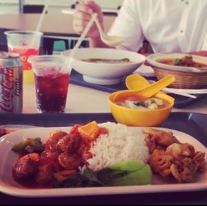 sweet sour 'pork', white cabbage soup and 'mutton' potato curry at Vegan Paradise Food Stall in East Singapore