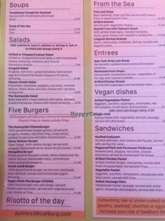 The menu has some vegan dishes! And also a chickpea patty under 'burgers'. at Sunnyside Cafe in Sarasota