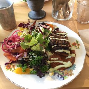 Butternut loaf with herby tomato sauce and superfood salad at Asparagasm in Nailsworth