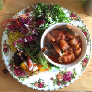 Rich ratatouille tomato stew with salad selection.  at Asparagasm in Nailsworth