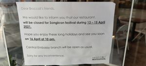 Songkran closure notice at Broccoli Revolution - Sukhumvit Rd in Bangkok