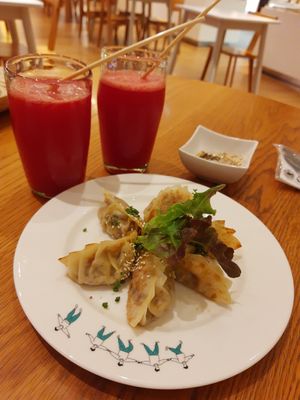 Gyoza and watermelon juice at Broccoli Revolution - Sukhumvit Rd in Bangkok