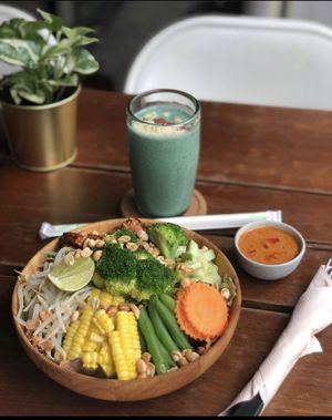 One of my favorite vegan restaurants. My cup of tea is Gado gado salad, a gut shot & broccoli burger with sweet potatoes fried with tomato sauce.  at Broccoli Revolution - Sukhumvit Rd in Bangkok