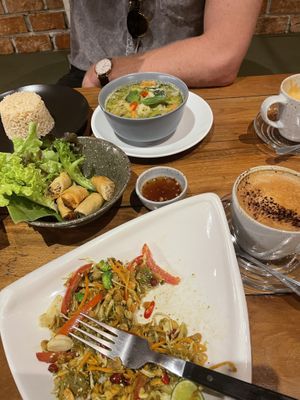 Lephet thoke (bottom), spring rolls (middle), green curry (top)   at Broccoli Revolution - Sukhumvit Rd in Bangkok