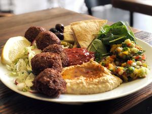 Original plate with extra spicy harissa at Zatar Falafel & Hummus in Vilnius