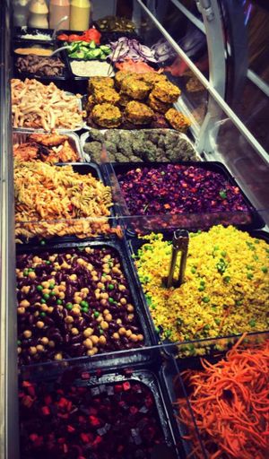 Variety of fresh salads. The salads sometimes change, but there is always hummus and tzatziki :) at HAPS in Copenhagen