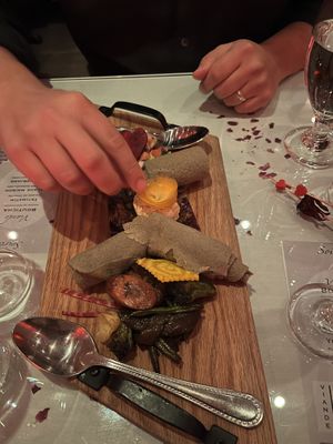 Salad, chickpea mousse and caramelized vegetables   at Le Nil Bleu in Montreal