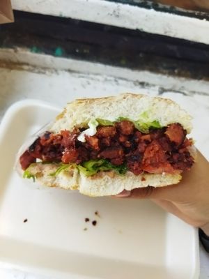 Torta de pastor con queso ($5 extras por el queso y lo vale) at Gatorta - Food Stand in Mexico City