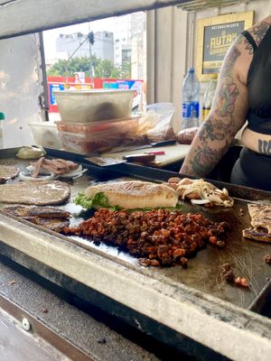 All this goes on one sandwich   at Gatorta - Food Stand in Mexico City