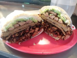 Torta cubana: todos los ingredientes. Muy muy llenadora. at Gatorta - Food Stand in Mexico City