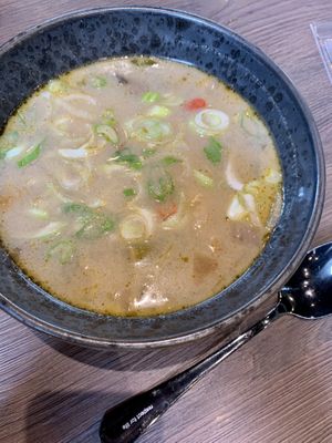 tom gai - delish asian soup, spicy, with big “chicken” chunks  at Forky's - Jakubské Nam. in Brno