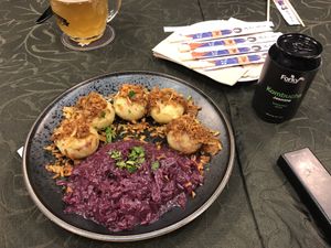 Stuffed dumplings with red cabbage, Demi glace and onions  at Forky's - Jakubské Nam. in Brno