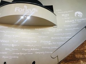 Forkys’ awesome wall of fame - vegans all over the wall! :) at Forky's - Jakubské Nam. in Brno