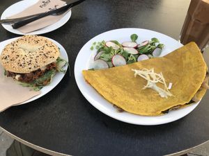 Breakfast with chickpea-omlett and „bacon“-bagel  at Forky's - Jakubské Nam. in Brno