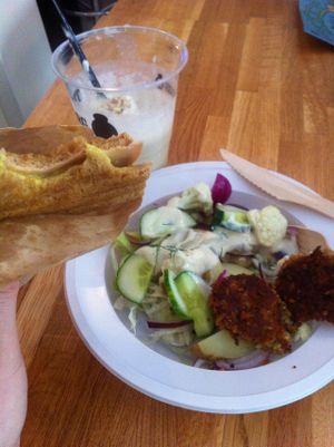 Banana shake, toast and salad with lentil patties. at Video Video in Copenhagen