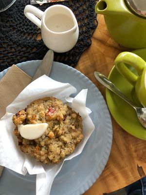 Savory muffin, chai tea with almond milk  at The Alkaline Cafe in Albany