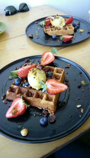 Vegan and gluten-free waffles at The Alkaline Cafe in Albany