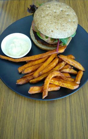 Vegan and gluten-free burger, sweet potato fries and aioli. at The Alkaline Cafe in Albany