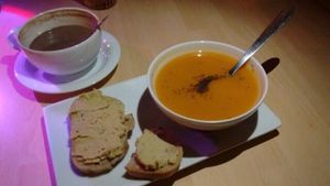 Sweet potato soup with hummus toast, and soy hot chocolate at Liquium in Lille