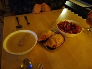 asparagus soup, dumplings and polenta bowl. good and cheap food! at Liquium in Lille