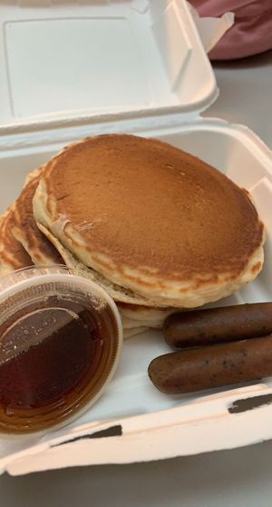Pancakes with sausage links at New Leaf Cafe in Tampa