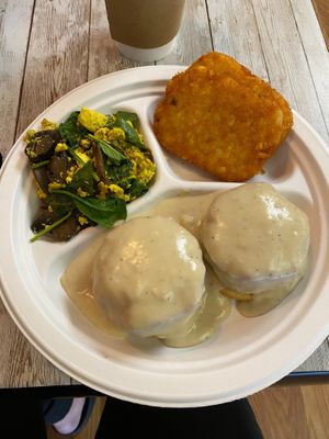 Sauce stuffed biscuits and gravy, tofu scramble and hash brown patties. at New Leaf Cafe in Tampa