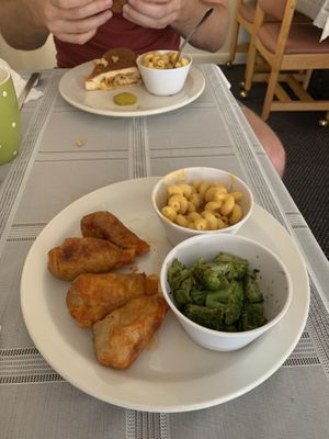 Buffalo Chick’n wings, Mac and cheeze, seasoned broccoli, and a Cuban  at New Leaf Cafe in Tampa