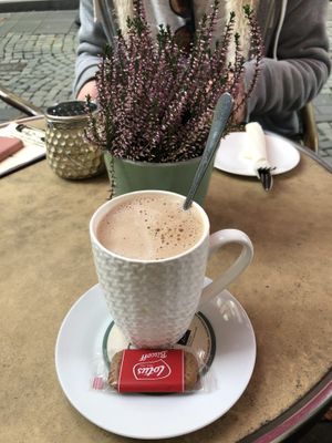 Chocolate coffee with oat milk and a lotus biscuit  at Pfefferminzje in Koblenz
