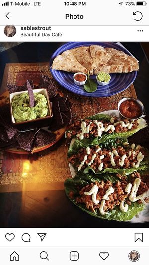 The rawcos, vegan quesadilla, and chips & guac at Beautiful Day Cafe in Wichita