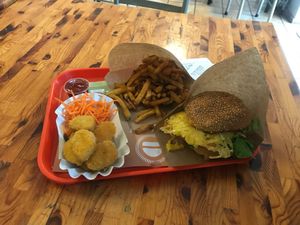 “Chicken” nuggets and a “chicken” burger with veg cheese at Yellow Sunshine in Berlin