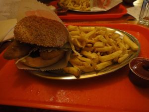 Vegan double chicken burger with fries. Good food but serious reservations about the service (please see my review!).  at Yellow Sunshine in Berlin