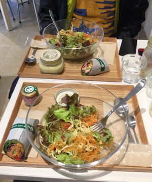 Korean salads, with wraps, blueberry cheesecake and corn soup, all very tasty! at Ginza Raw Life Cafe in Tokyo