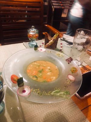 Raw but warmed yellow coconut curry soup at Fresh in Ubud